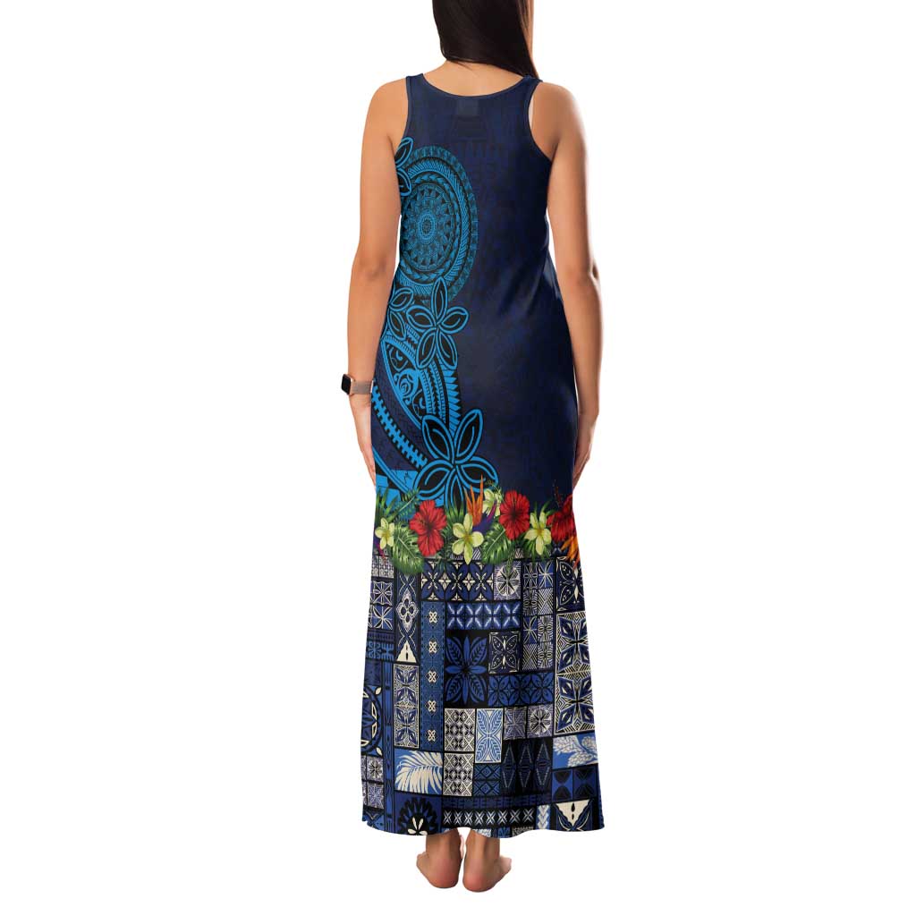 Samoa Siapo Polynesian Art Tank Maxi Dress Tropical Flowers and Tatau Pattern Navy