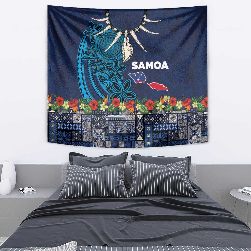 Samoa Siapo Polynesian Art Tapestry Tropical Flowers and Tatau Pattern Navy
