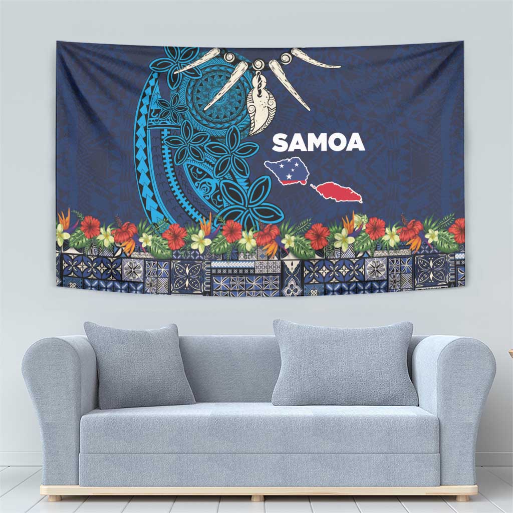 Samoa Siapo Polynesian Art Tapestry Tropical Flowers and Tatau Pattern Navy