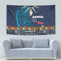 Samoa Siapo Polynesian Art Tapestry Tropical Flowers and Tatau Pattern Navy