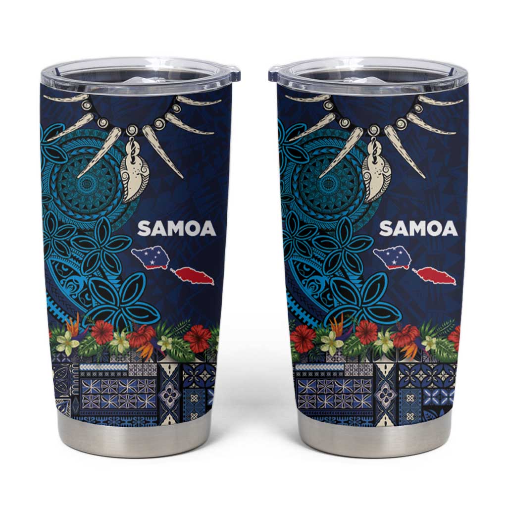 Samoa Siapo Polynesian Art Tumbler Cup Tropical Flowers and Tatau Pattern Navy