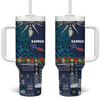 Samoa Siapo Polynesian Art Tumbler With Handle Tropical Flowers and Tatau Pattern Navy