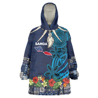 Samoa Siapo Polynesian Art Wearable Blanket Hoodie Tropical Flowers and Tatau Pattern Navy LT03 One Size Navy - Polynesian Pride