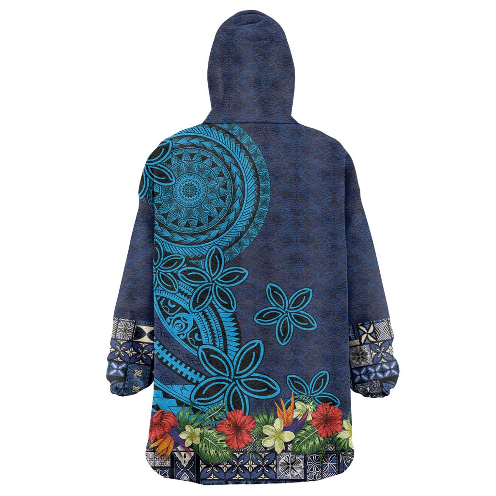 Samoa Siapo Polynesian Art Wearable Blanket Hoodie Tropical Flowers and Tatau Pattern Navy LT03 - Polynesian Pride