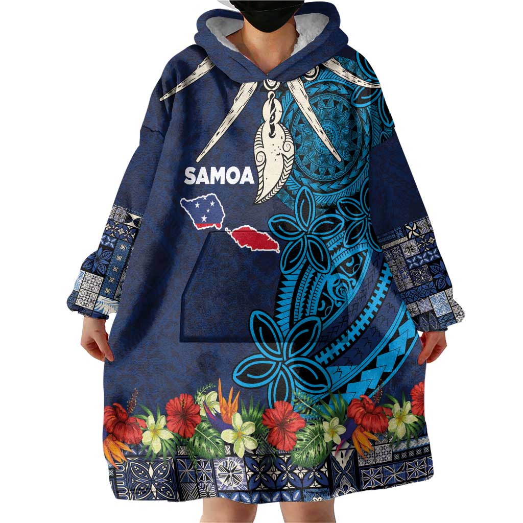 Samoa Siapo Polynesian Art Wearable Blanket Hoodie Tropical Flowers and Tatau Pattern Navy LT03 - Polynesian Pride