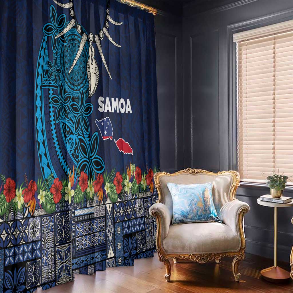 Samoa Siapo Polynesian Art Window Curtain Tropical Flowers and Tatau Pattern Navy LT03 - Polynesian Pride