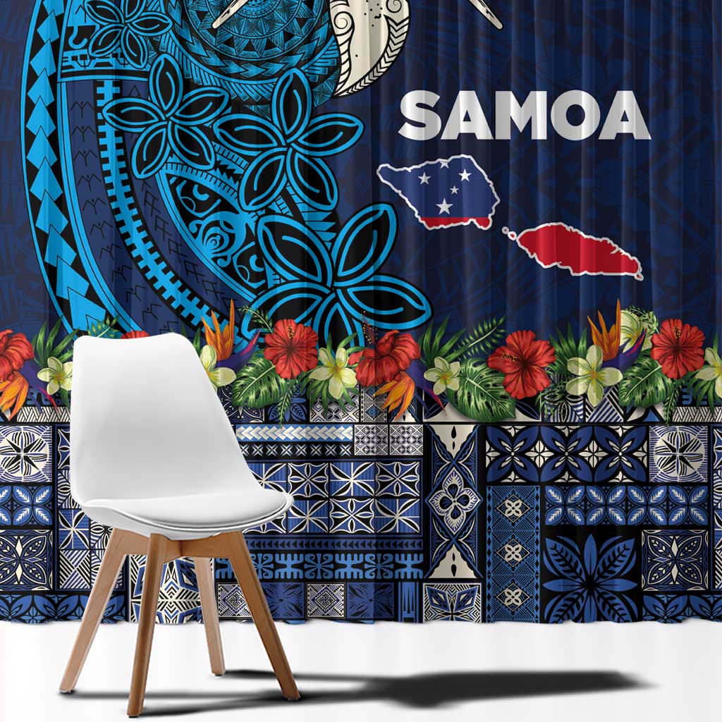Samoa Siapo Polynesian Art Window Curtain Tropical Flowers and Tatau Pattern Navy LT03 - Polynesian Pride