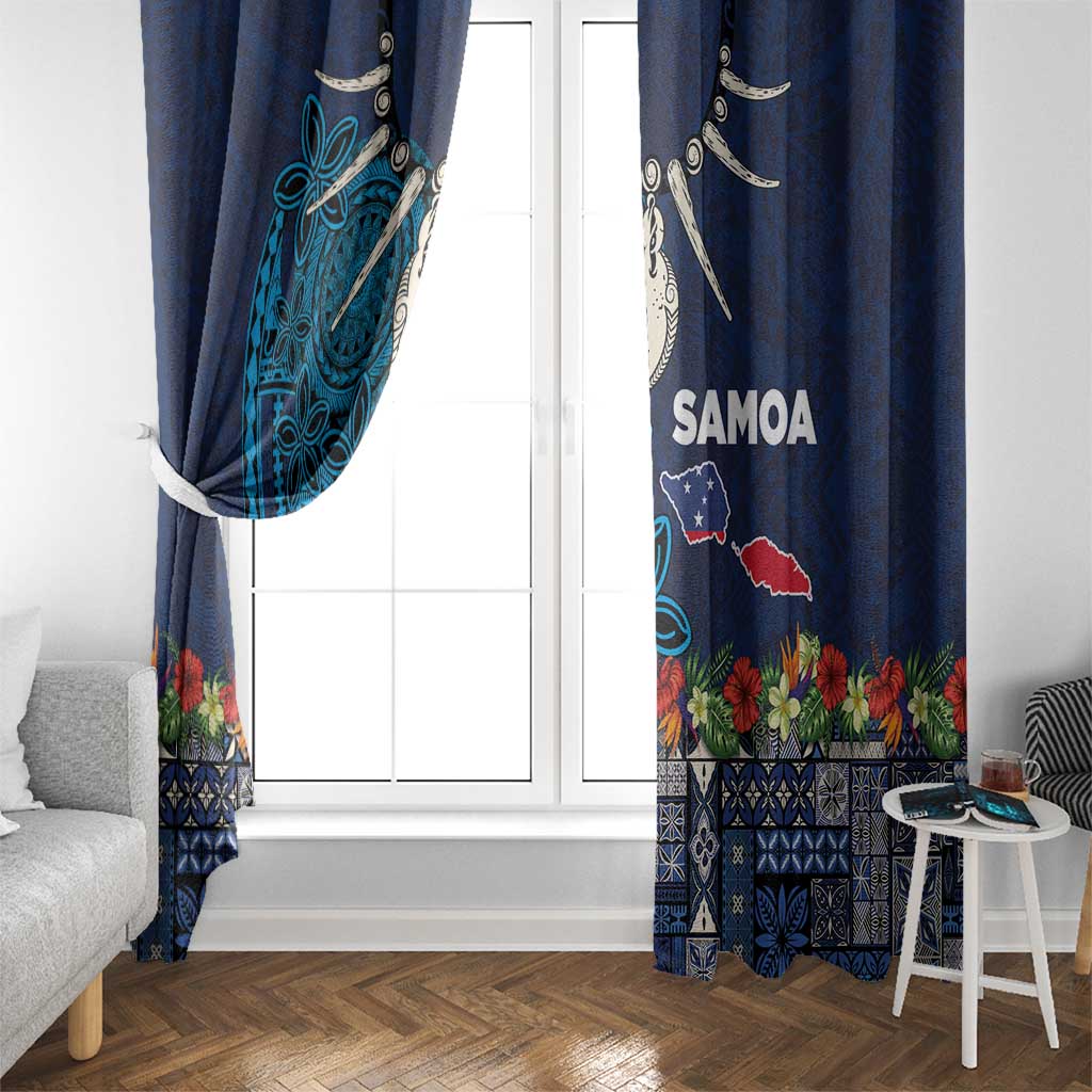 Samoa Siapo Polynesian Art Window Curtain Tropical Flowers and Tatau Pattern Navy LT03 - Polynesian Pride