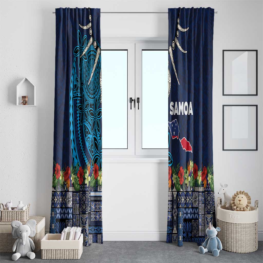 Samoa Siapo Polynesian Art Window Curtain Tropical Flowers and Tatau Pattern Navy LT03 - Polynesian Pride