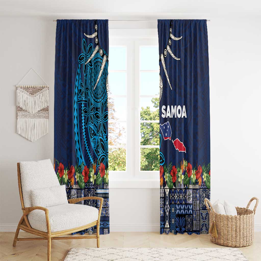 Samoa Siapo Polynesian Art Window Curtain Tropical Flowers and Tatau Pattern Navy LT03 - Polynesian Pride
