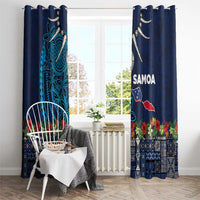 Samoa Siapo Polynesian Art Window Curtain Tropical Flowers and Tatau Pattern Navy LT03 - Polynesian Pride