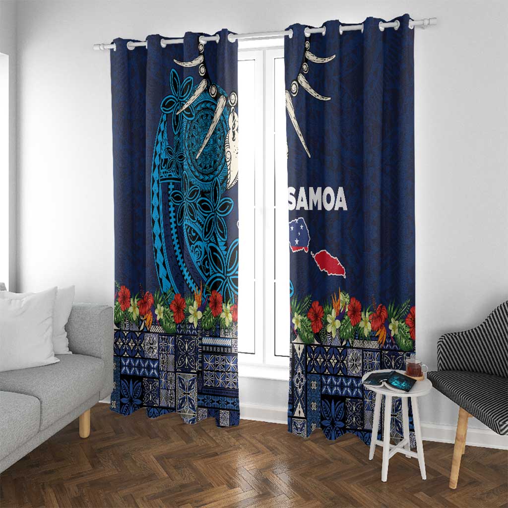 Samoa Siapo Polynesian Art Window Curtain Tropical Flowers and Tatau Pattern Navy LT03 With Grommets Navy - Polynesian Pride