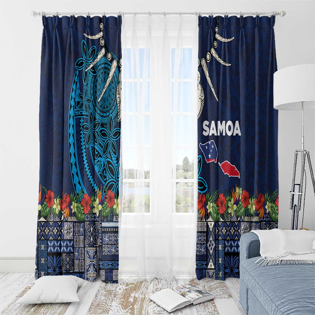Samoa Siapo Polynesian Art Window Curtain Tropical Flowers and Tatau Pattern Navy LT03 - Polynesian Pride