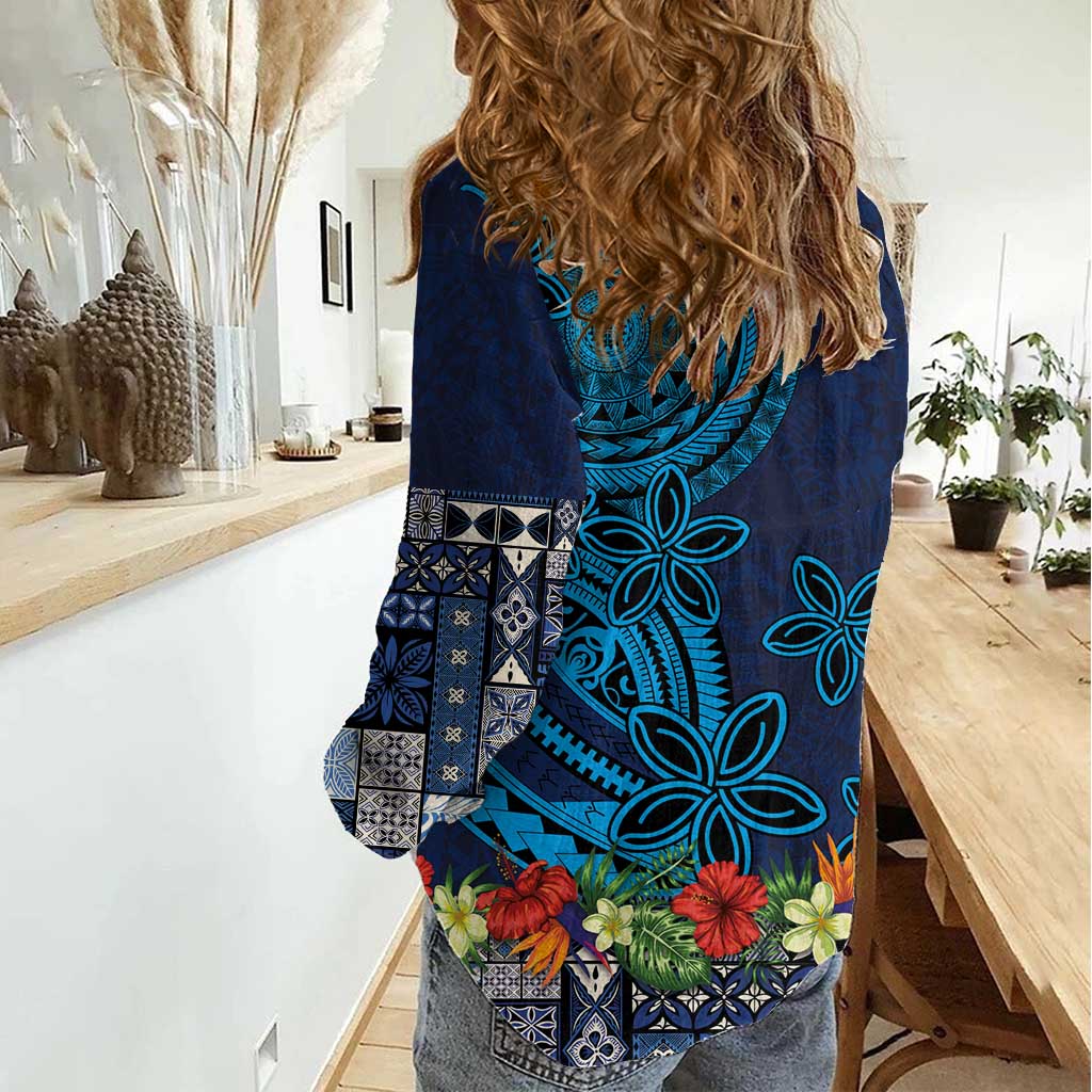 Samoa Siapo Polynesian Art Women Casual Shirt Tropical Flowers and Tatau Pattern Navy