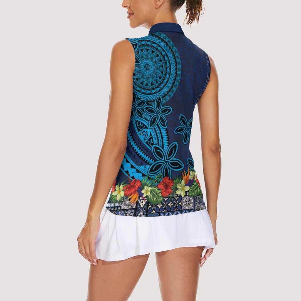 Samoa Siapo Polynesian Art Women Sleeveless Polo Shirt Tropical Flowers and Tatau Pattern Navy