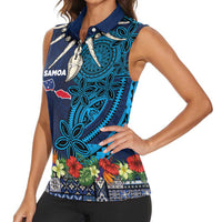 Samoa Siapo Polynesian Art Women Sleeveless Polo Shirt Tropical Flowers and Tatau Pattern Navy
