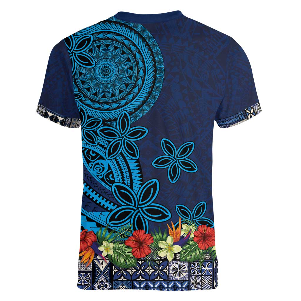 Samoa Siapo Polynesian Art Women V-Neck T-Shirt Tropical Flowers and Tatau Pattern Navy
