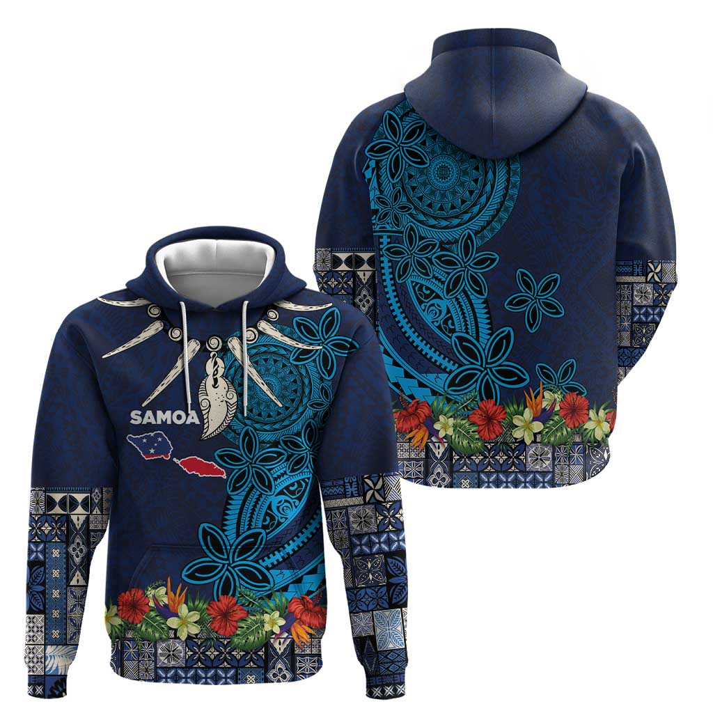 Samoa Siapo Polynesian Art Zip Hoodie Tropical Flowers and Tatau Pattern Navy