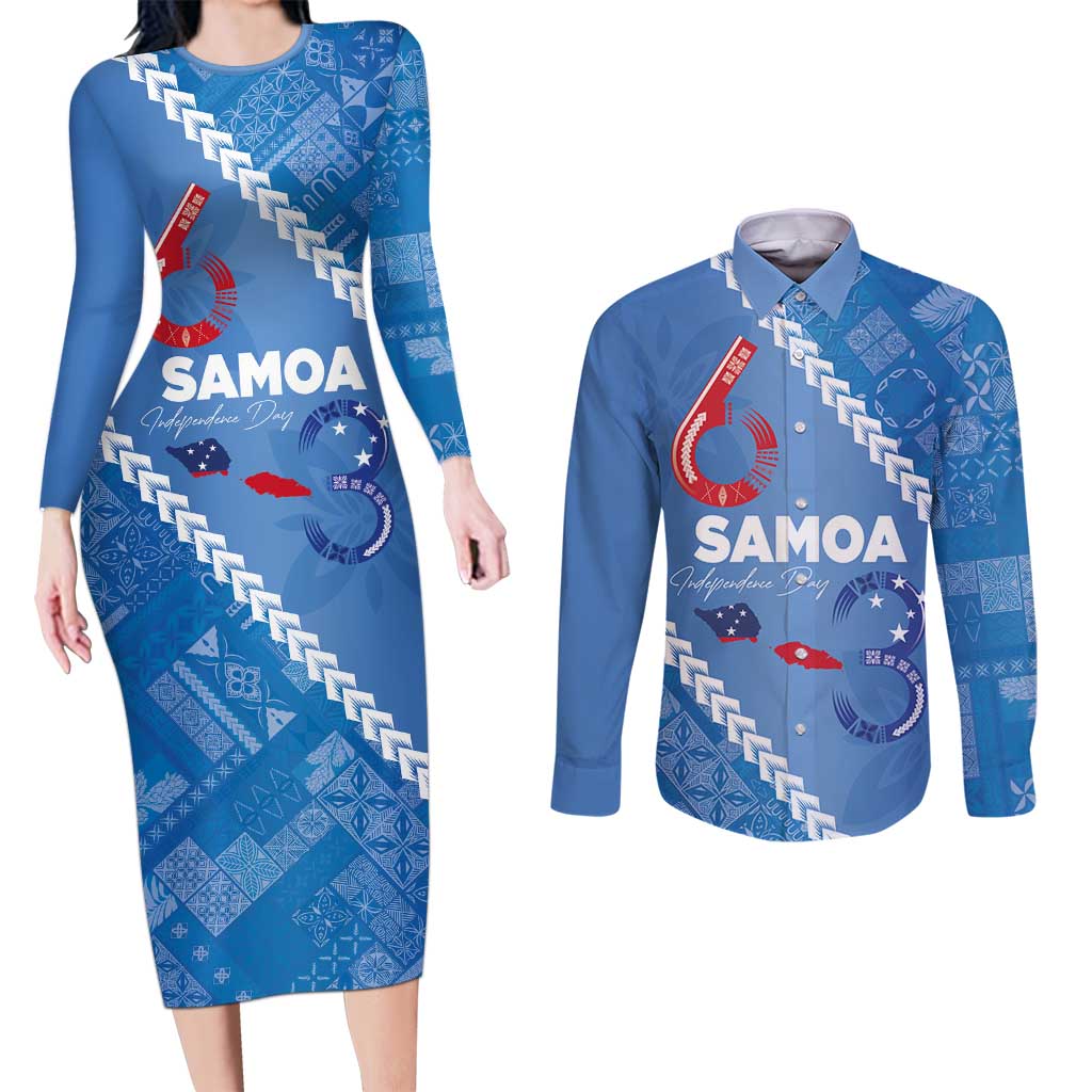 Samoa Independence Day Couples Matching Long Sleeve Bodycon Dress and Long Sleeve Button Shirt Anniversary 63th-Siapo Art LT03 Blue - Polynesian Pride