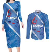 Samoa Independence Day Couples Matching Long Sleeve Bodycon Dress and Long Sleeve Button Shirt Anniversary 63th-Siapo Art LT03 Blue - Polynesian Pride