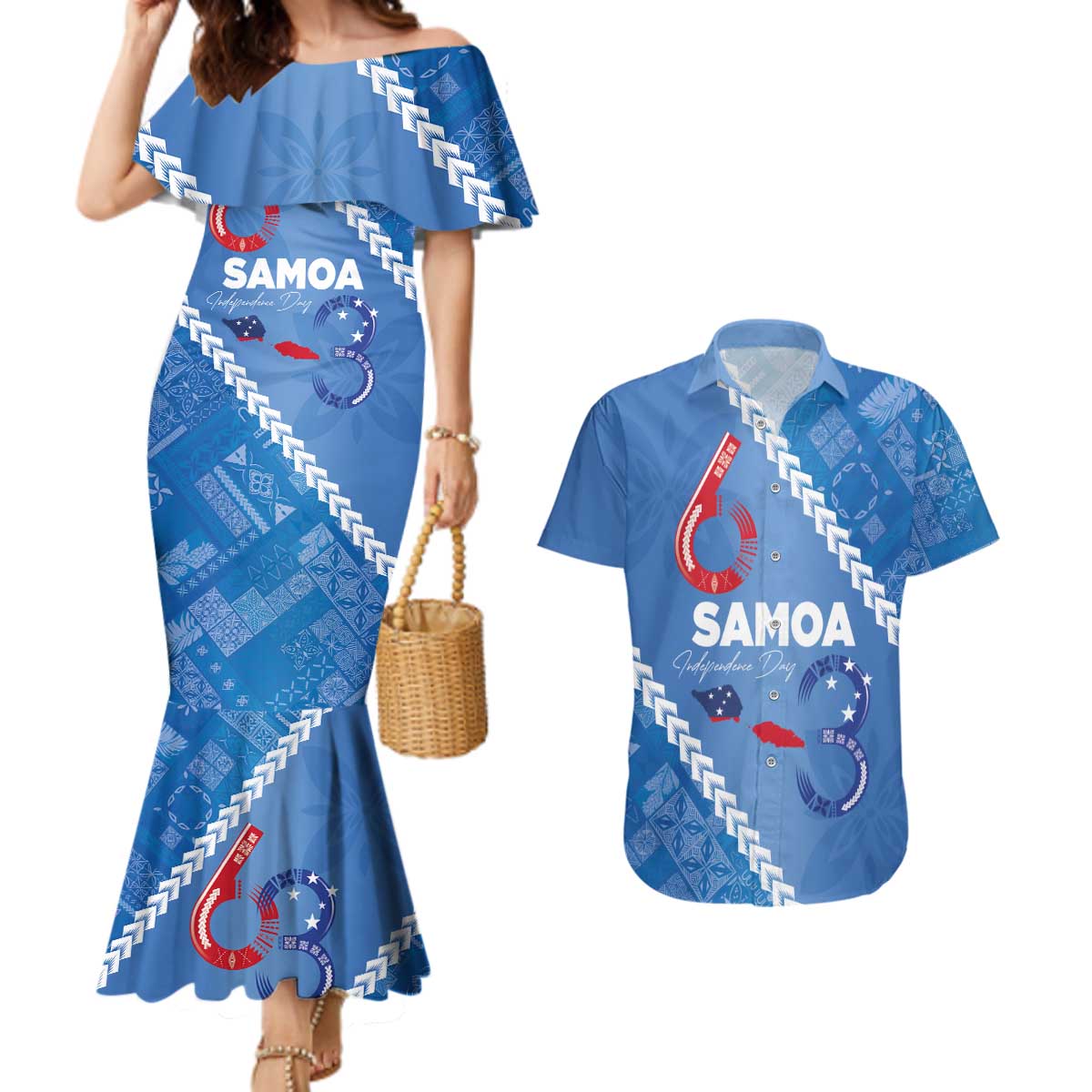Samoa Independence Day Couples Matching Mermaid Dress and Hawaiian Shirt Anniversary 63th-Siapo Art LT03 Blue - Polynesian Pride
