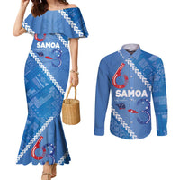Samoa Independence Day Couples Matching Mermaid Dress and Long Sleeve Button Shirt Anniversary 63th-Siapo Art LT03 Blue - Polynesian Pride