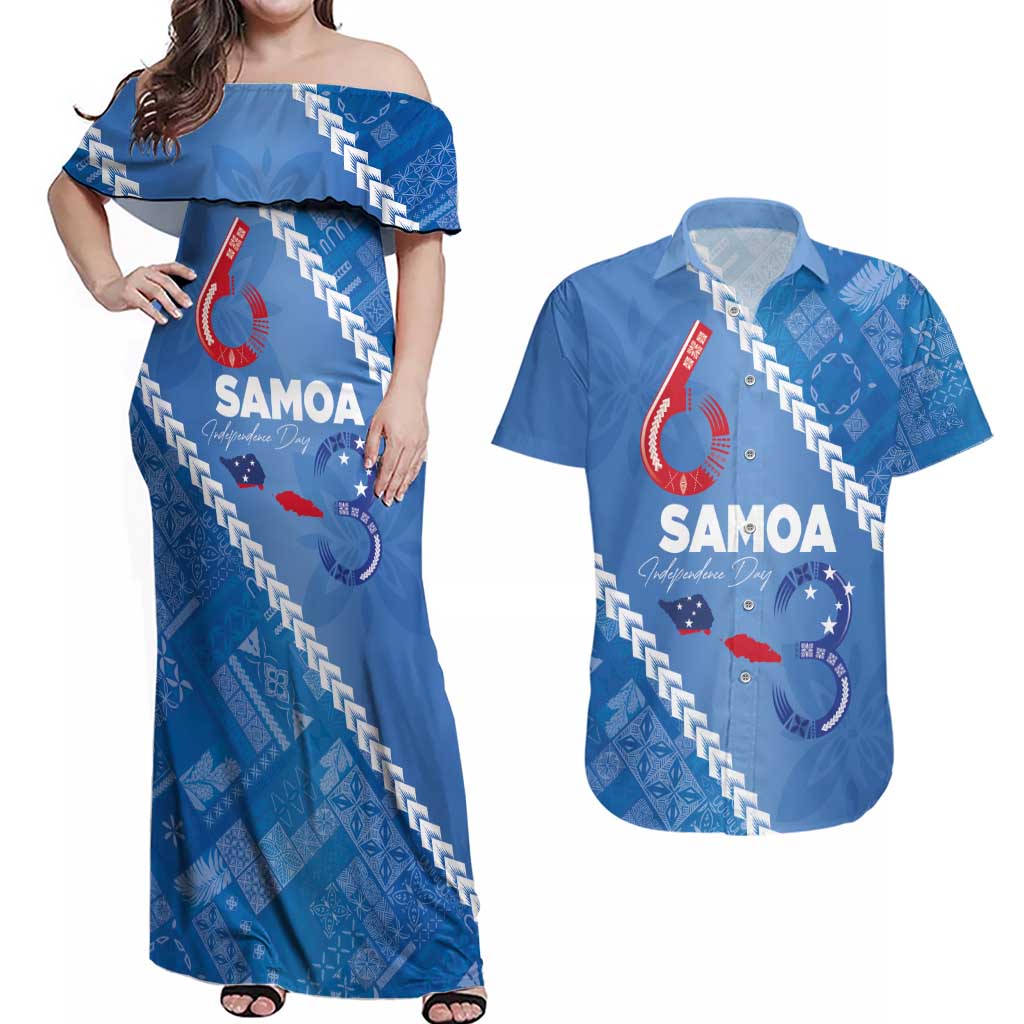 Samoa Independence Day Couples Matching Off Shoulder Maxi Dress and Hawaiian Shirt Anniversary 63th-Siapo Art