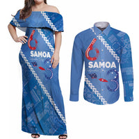 Samoa Independence Day Couples Matching Off Shoulder Maxi Dress and Long Sleeve Button Shirt Anniversary 63th-Siapo Art LT03 Blue - Polynesian Pride