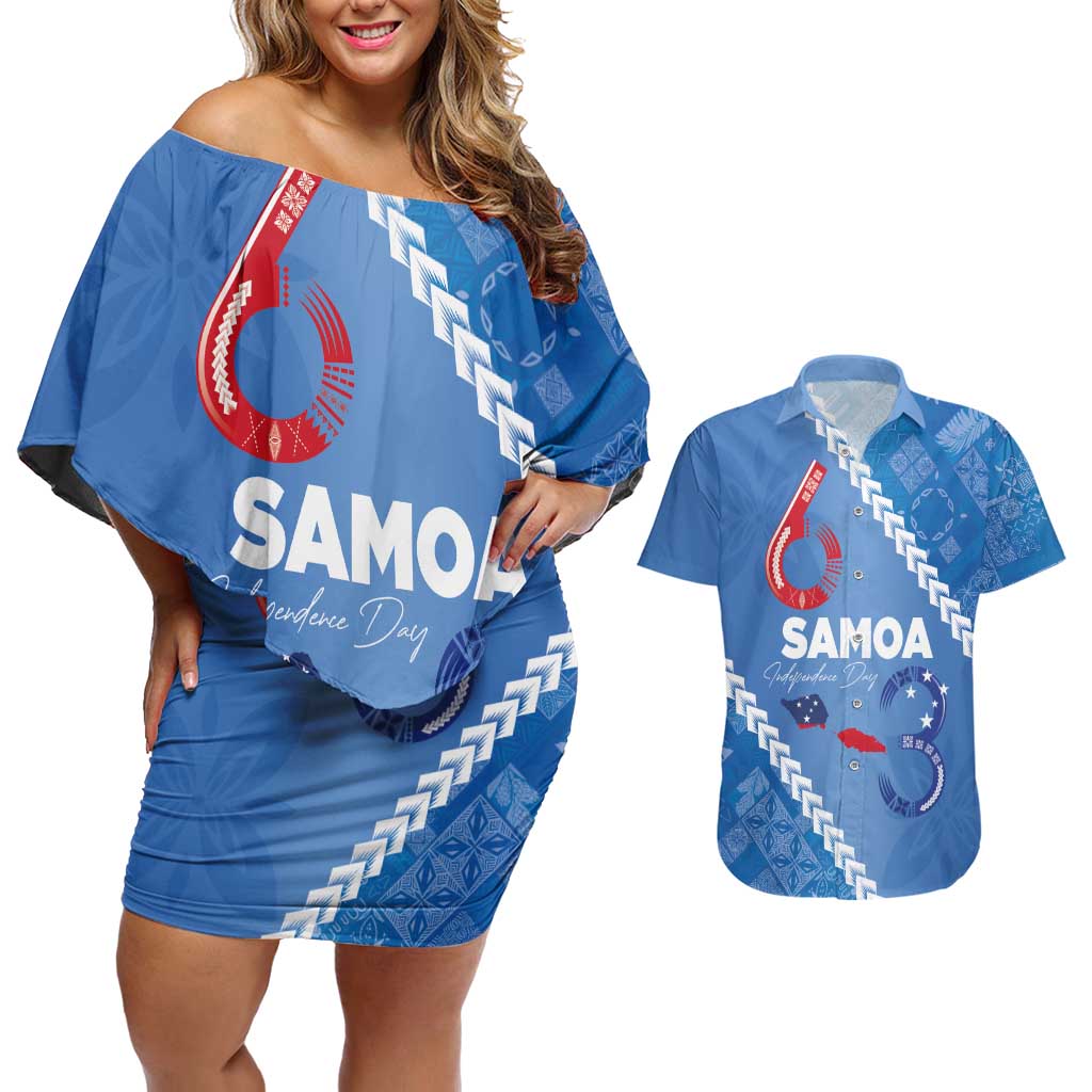 Samoa Independence Day Couples Matching Off Shoulder Short Dress and Hawaiian Shirt Anniversary 63th-Siapo Art LT03 Blue - Polynesian Pride