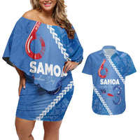 Samoa Independence Day Couples Matching Off Shoulder Short Dress and Hawaiian Shirt Anniversary 63th-Siapo Art LT03 Blue - Polynesian Pride