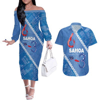 Samoa Independence Day Couples Matching Off The Shoulder Long Sleeve Dress and Hawaiian Shirt Anniversary 63th-Siapo Art LT03 Blue - Polynesian Pride