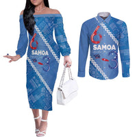Samoa Independence Day Couples Matching Off The Shoulder Long Sleeve Dress and Long Sleeve Button Shirt Anniversary 63th-Siapo Art LT03 Blue - Polynesian Pride