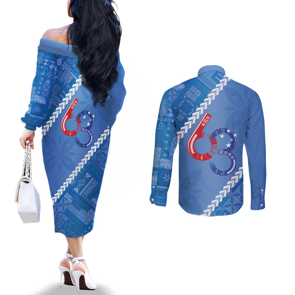 Samoa Independence Day Couples Matching Off The Shoulder Long Sleeve Dress and Long Sleeve Button Shirt Anniversary 63th-Siapo Art LT03 - Polynesian Pride