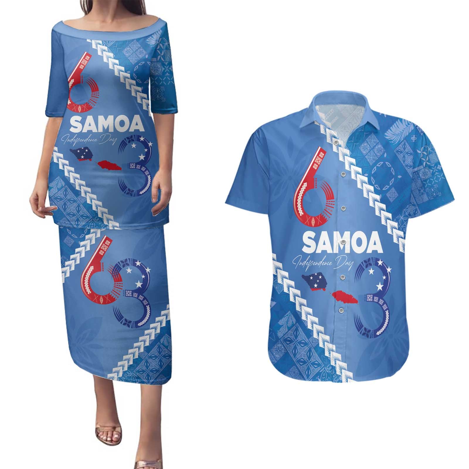 Samoa Independence Day Couples Matching Puletasi and Hawaiian Shirt Anniversary 63th-Siapo Art LT03 Blue - Polynesian Pride