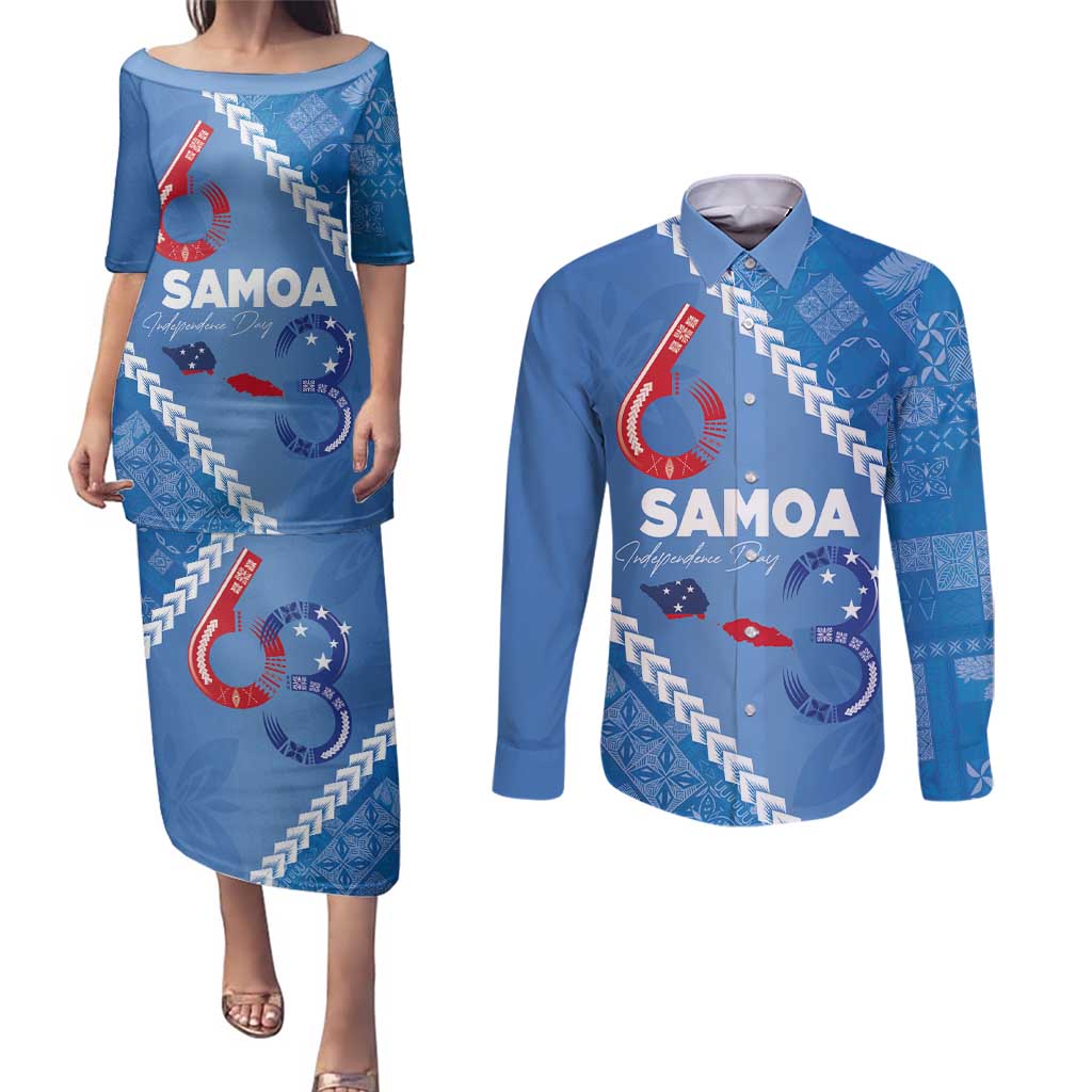 Samoa Independence Day Couples Matching Puletasi and Long Sleeve Button Shirt Anniversary 63th-Siapo Art LT03 Blue - Polynesian Pride