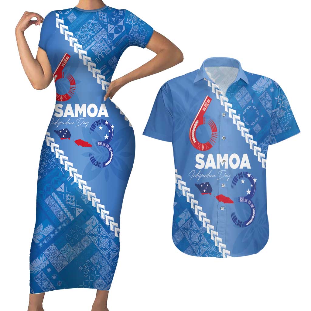 Samoa Independence Day Couples Matching Short Sleeve Bodycon Dress and Hawaiian Shirt Anniversary 63th-Siapo Art LT03 Blue - Polynesian Pride