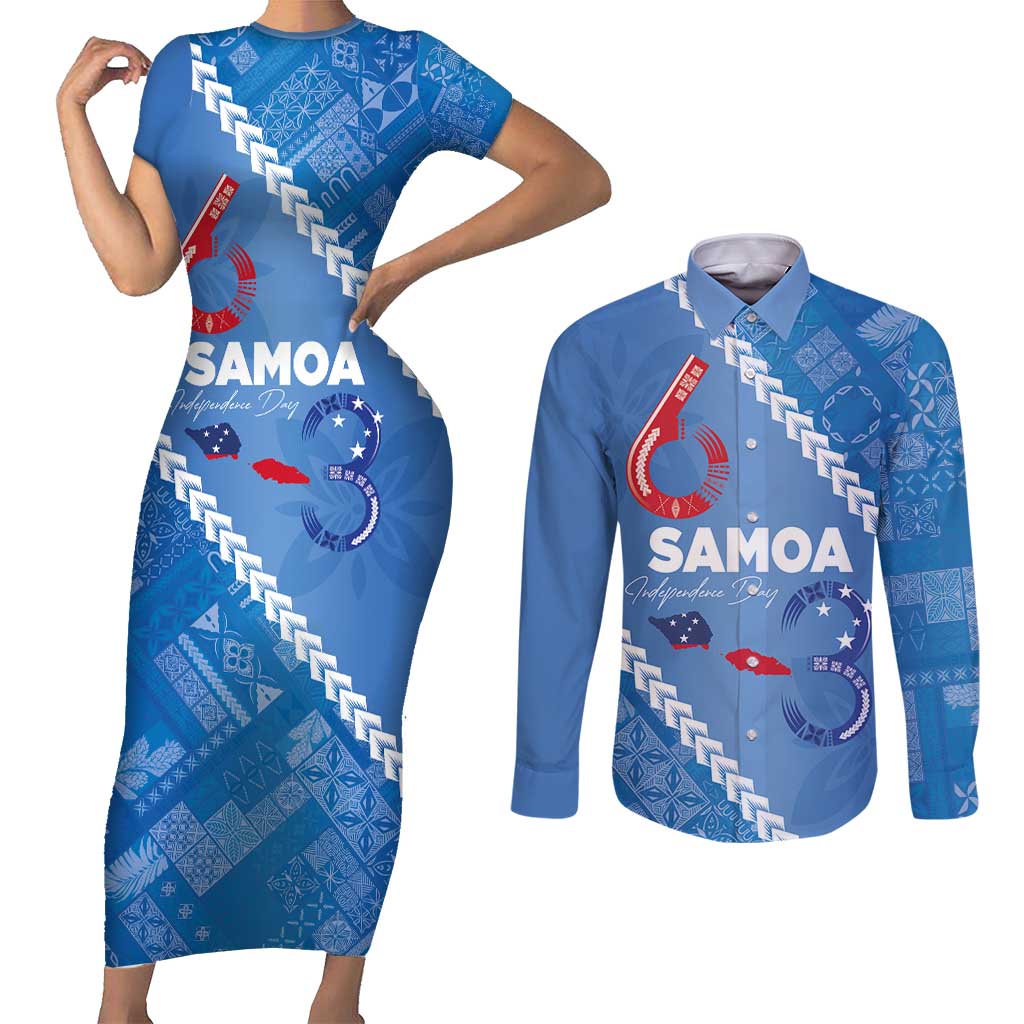 Samoa Independence Day Couples Matching Short Sleeve Bodycon Dress and Long Sleeve Button Shirt Anniversary 63th-Siapo Art LT03 Blue - Polynesian Pride