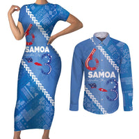 Samoa Independence Day Couples Matching Short Sleeve Bodycon Dress and Long Sleeve Button Shirt Anniversary 63th-Siapo Art LT03 Blue - Polynesian Pride
