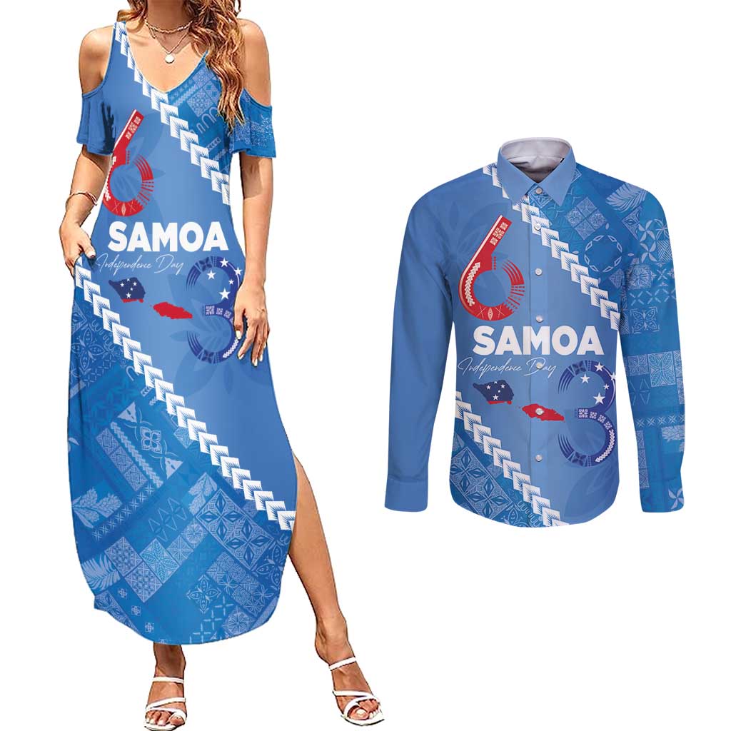 Samoa Independence Day Couples Matching Summer Maxi Dress and Long Sleeve Button Shirt Anniversary 63th-Siapo Art LT03 Blue - Polynesian Pride
