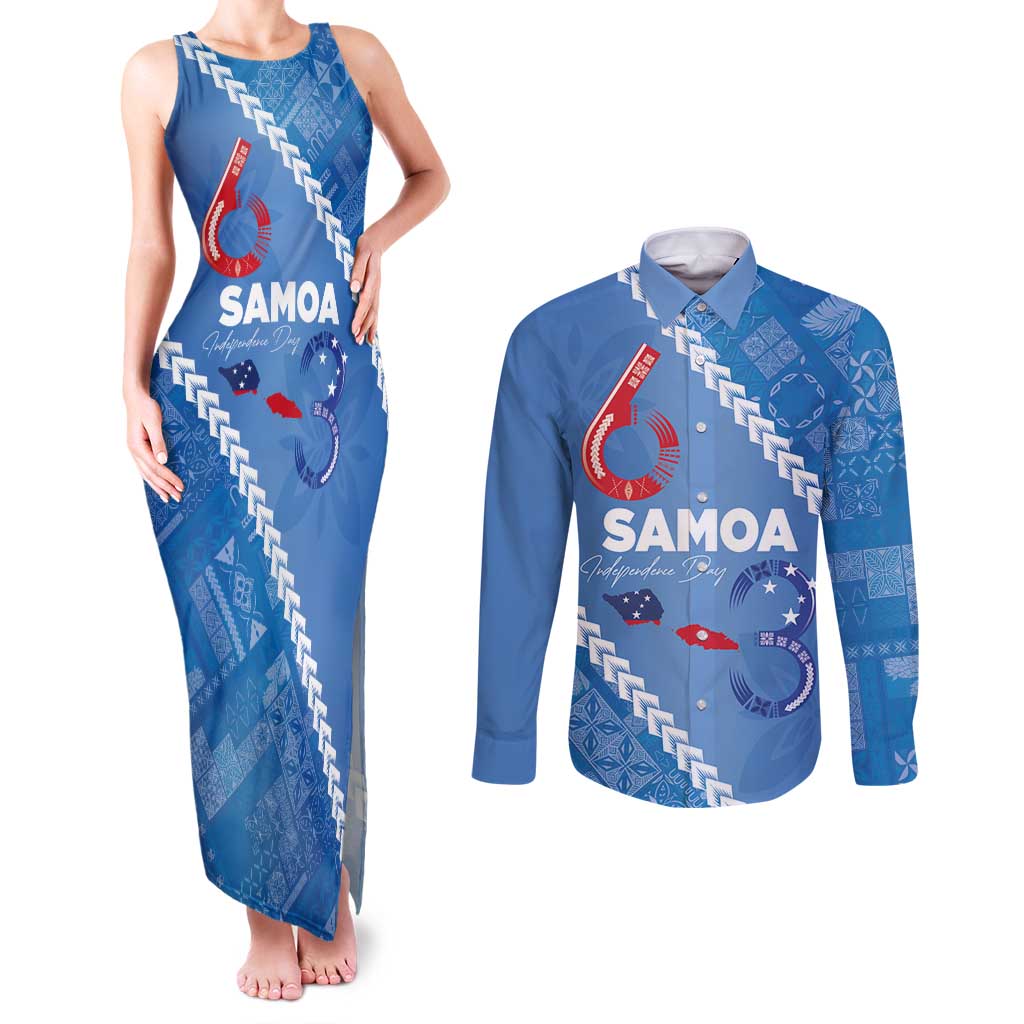 Samoa Independence Day Couples Matching Tank Maxi Dress and Long Sleeve Button Shirt Anniversary 63th-Siapo Art LT03 Blue - Polynesian Pride