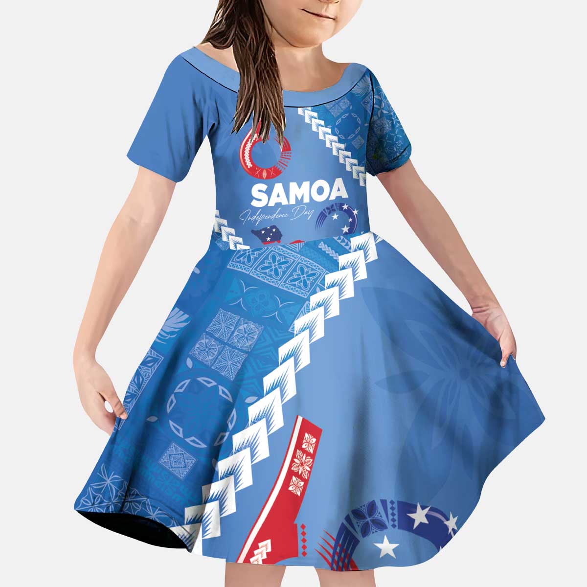Samoa Independence Day Kid Short Sleeve Dress Anniversary 63th-Siapo Art LT03 KID Blue - Polynesian Pride