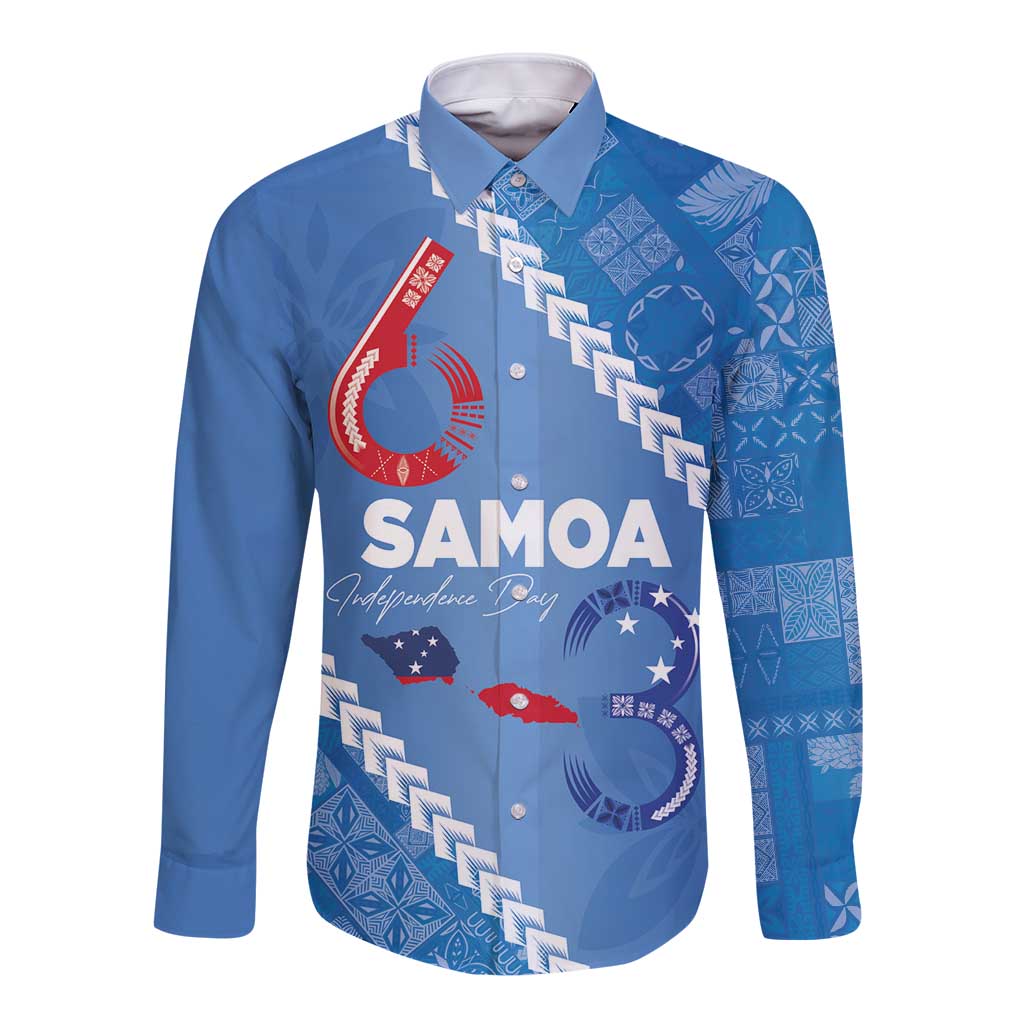 Samoa Independence Day Long Sleeve Button Shirt Anniversary 63th-Siapo Art LT03 Unisex Blue - Polynesian Pride