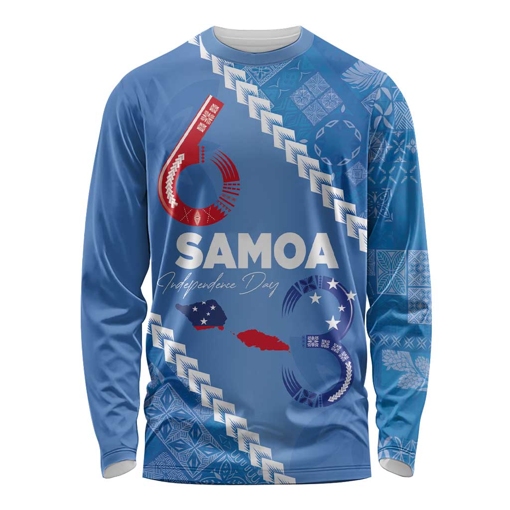 Samoa Independence Day Long Sleeve Shirt Anniversary 63th-Siapo Art LT03 Unisex Blue - Polynesian Pride