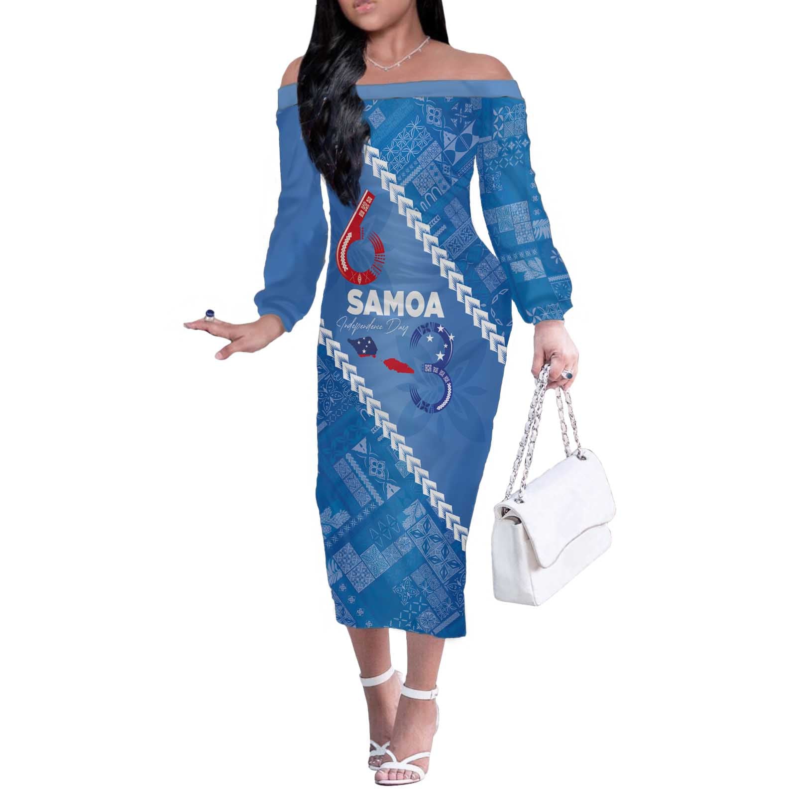 Samoa Independence Day Off The Shoulder Long Sleeve Dress Anniversary 63th-Siapo Art