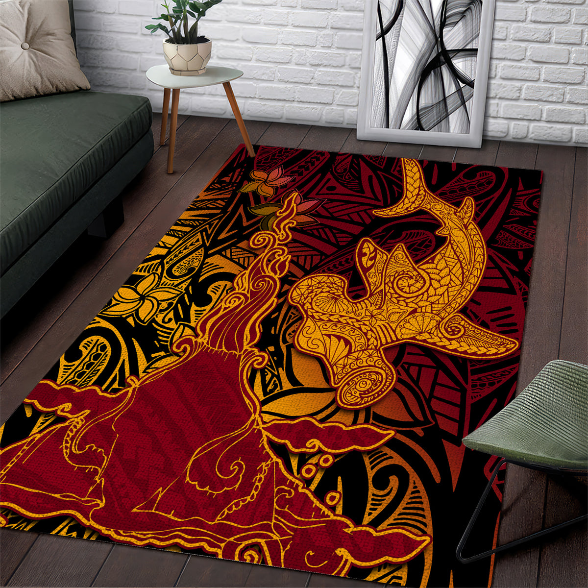 Hawaiian Volcano and Shark Area Rug Polynesian and Hibiscus Pattern Lava Color