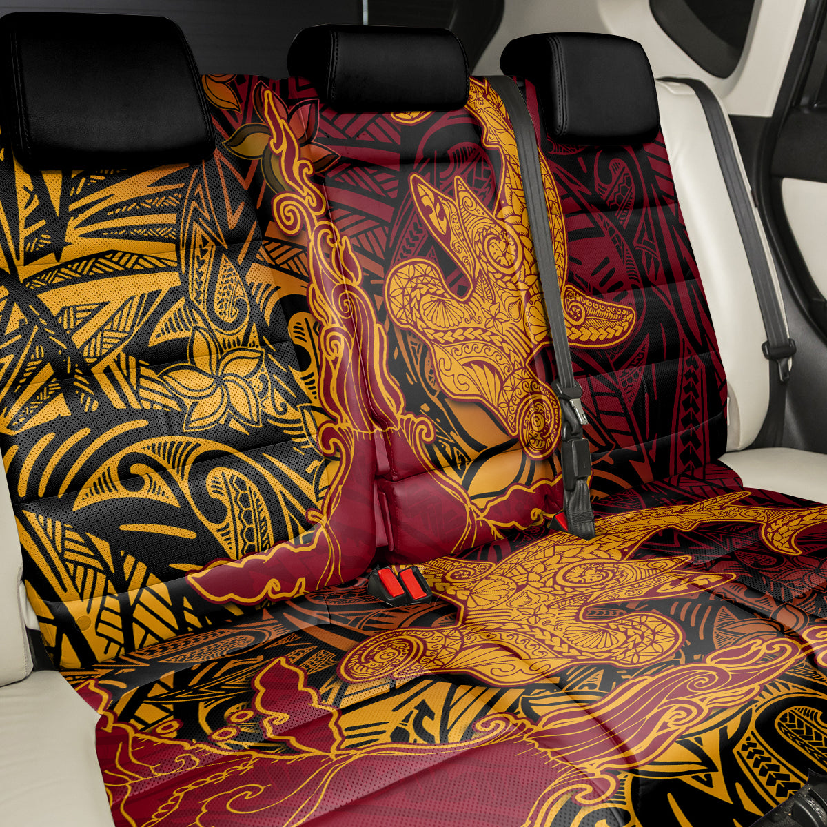 Hawaiian Volcano and Shark Back Car Seat Cover Polynesian and Hibiscus Pattern Lava Color