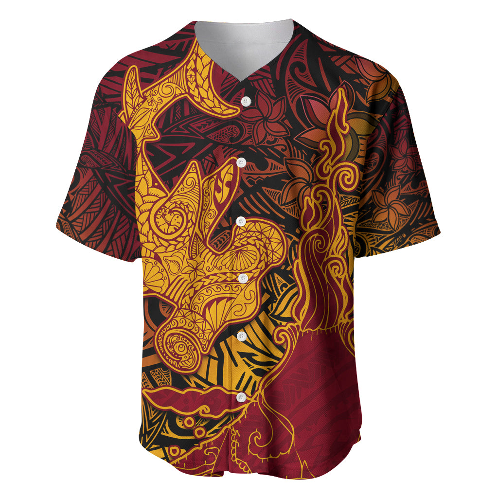 Hawaiian Volcano and Shark Baseball Jersey Polynesian and Hibiscus Pattern Lava Color