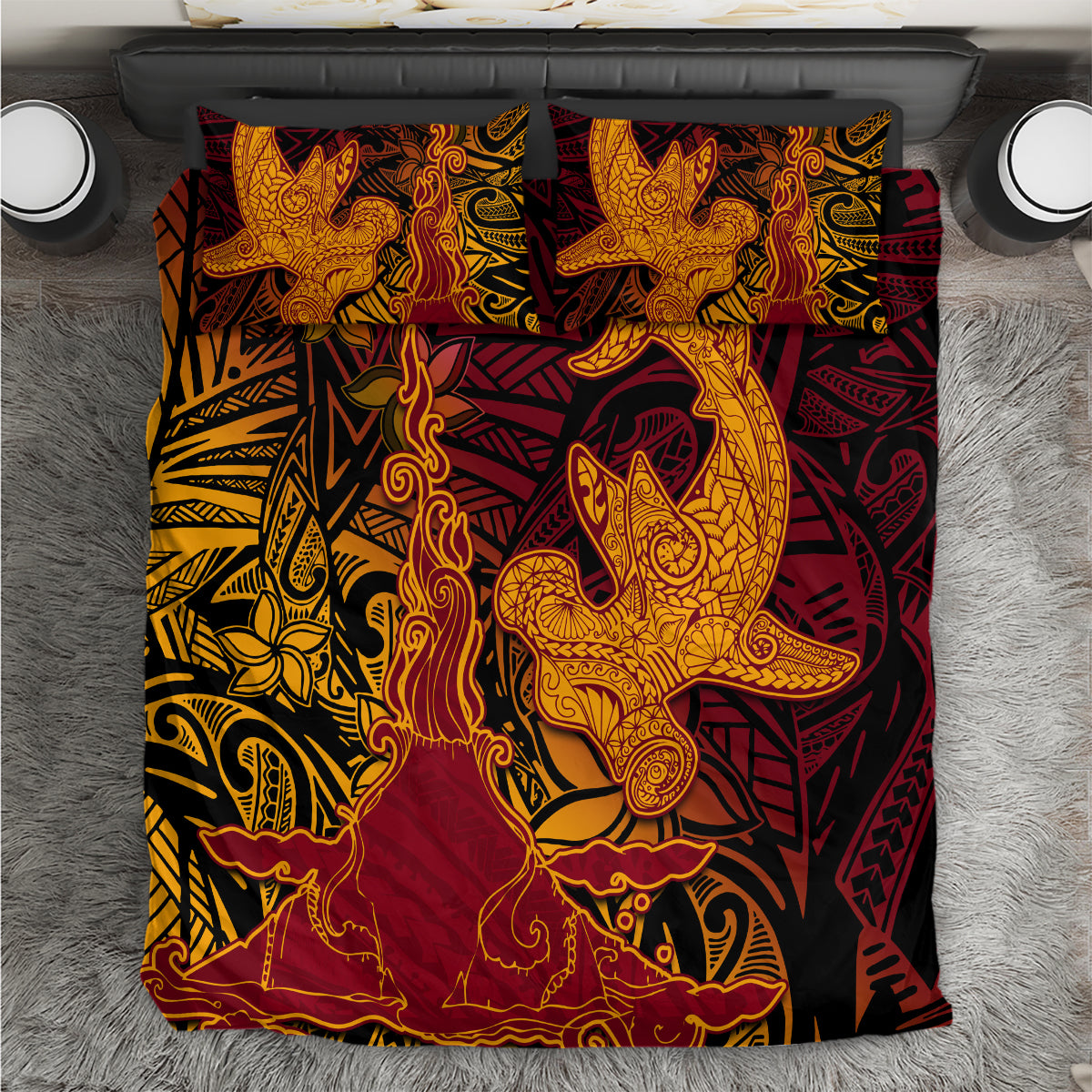 Hawaiian Volcano and Shark Bedding Set Polynesian and Hibiscus Pattern Lava Color