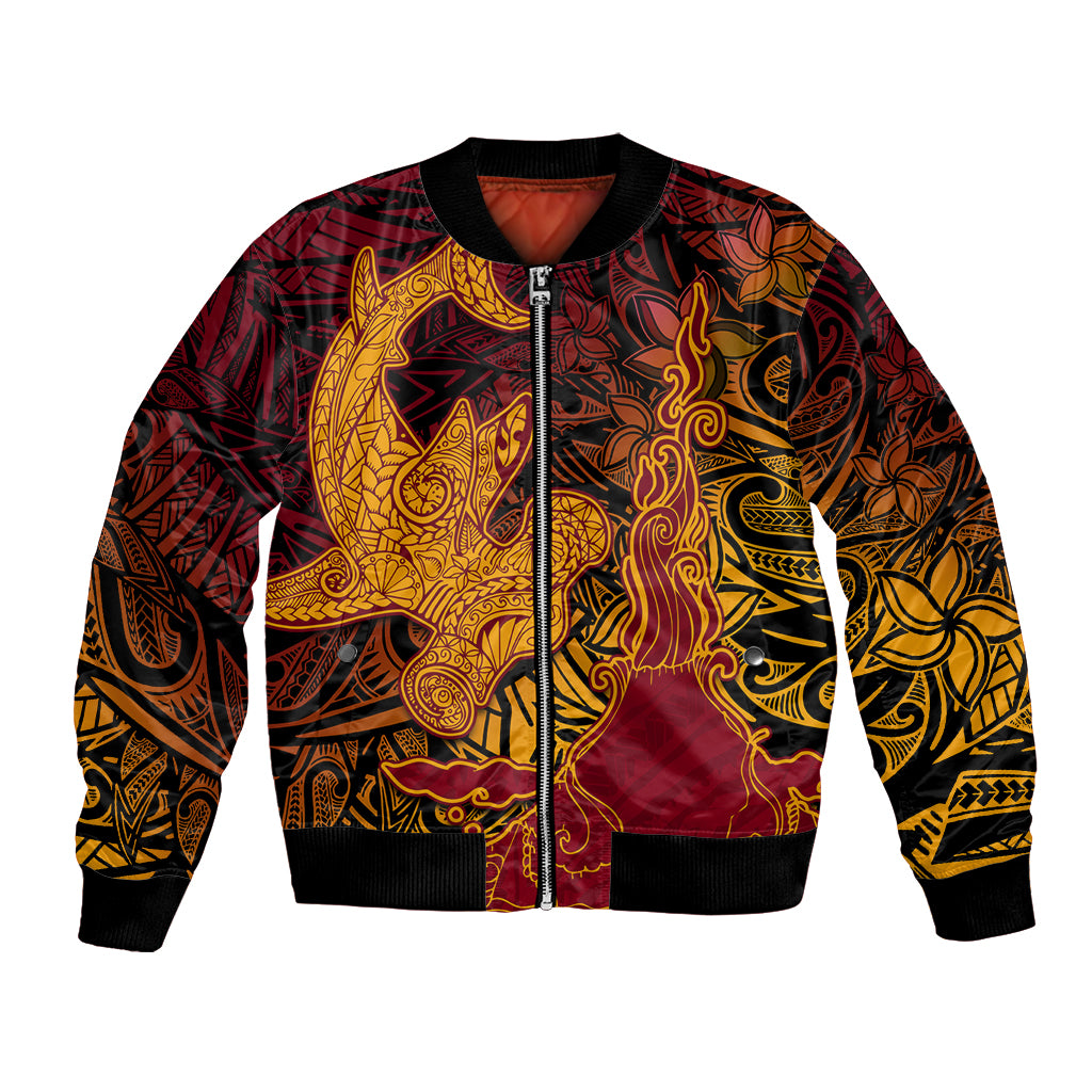 Hawaiian Volcano and Shark Bomber Jacket Polynesian and Hibiscus Pattern Lava Color