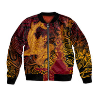 Hawaiian Volcano and Shark Bomber Jacket Polynesian and Hibiscus Pattern Lava Color